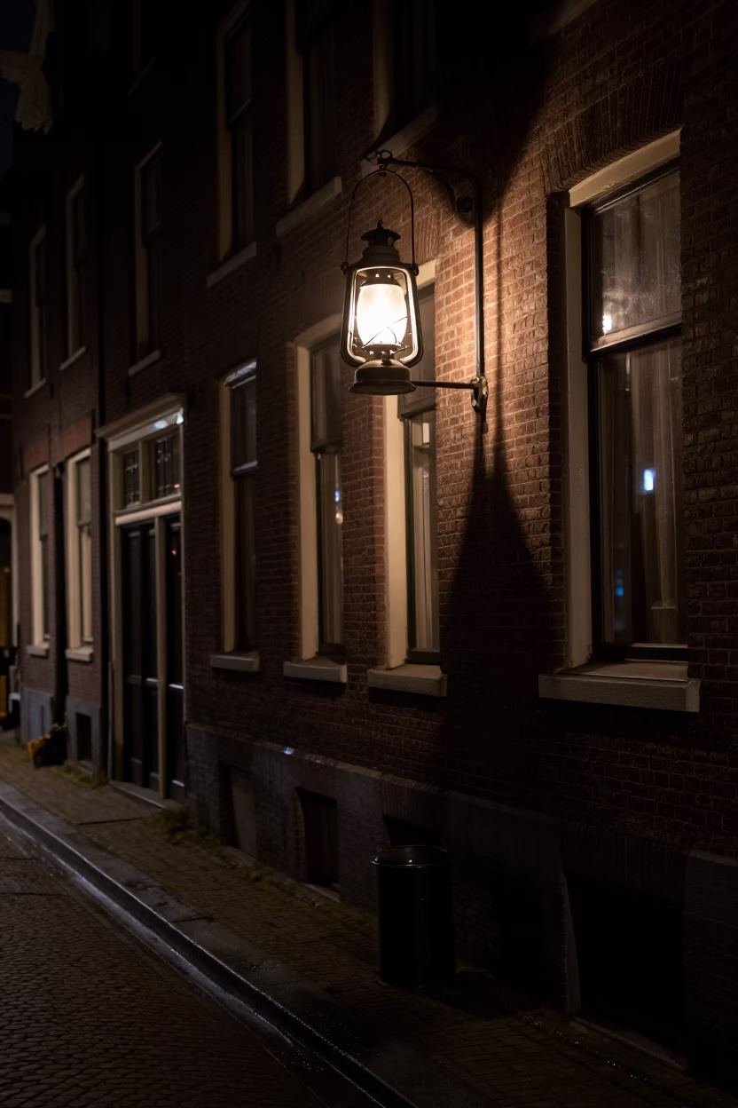 1970s Amsterdam Night Street Scene with Oil Lamp and Canal Reflections in in Amsterdam, Netherlands
