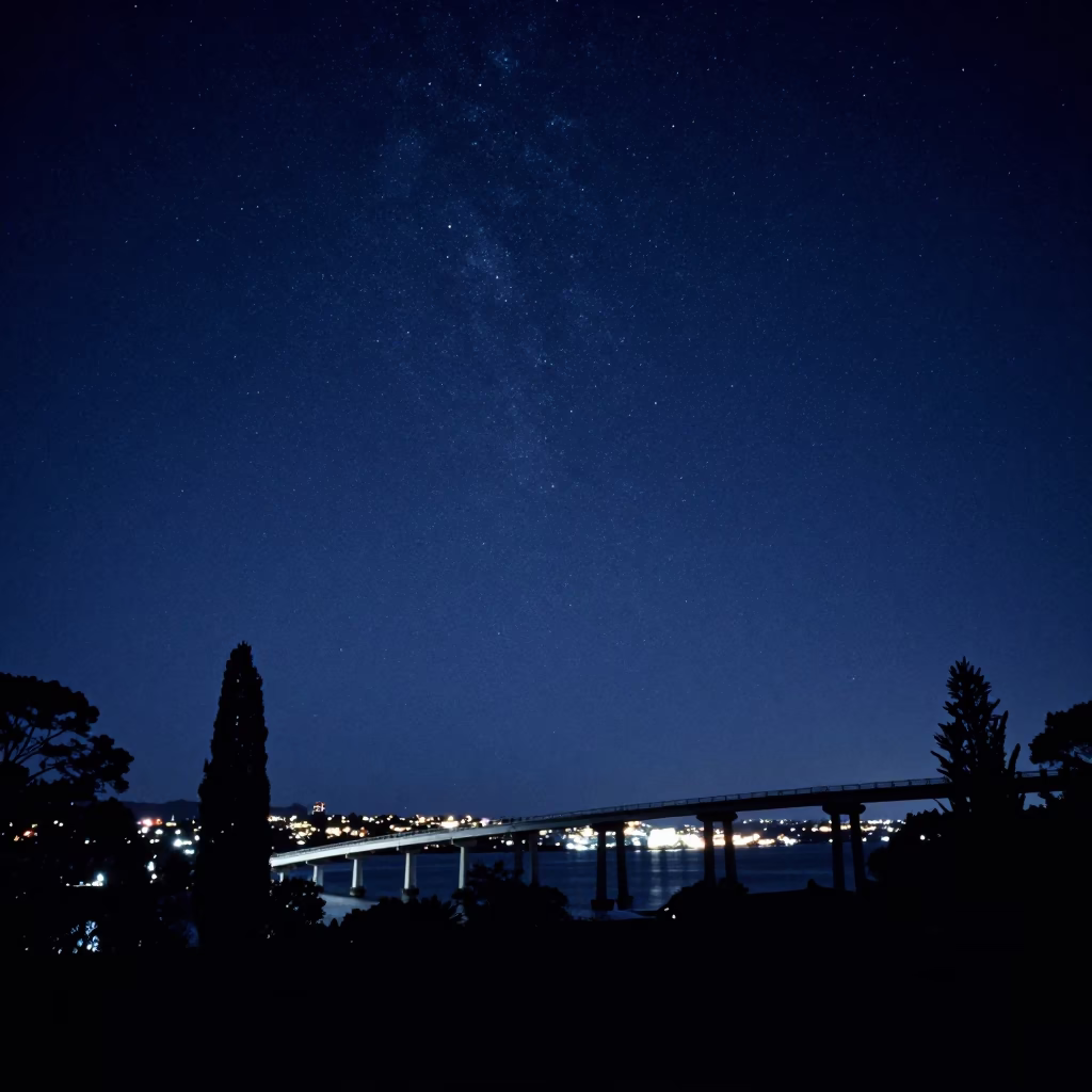 1970s Auckland Night Sky View Over Viaduct Harbour and Cypress Trees in in Auckland, New Zealand