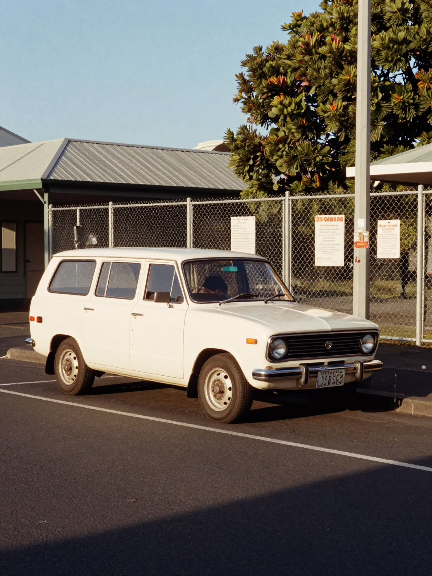 1970s Auckland Street Scene with Vintage Car and Substation Fence Detail in in Auckland, New Zealand