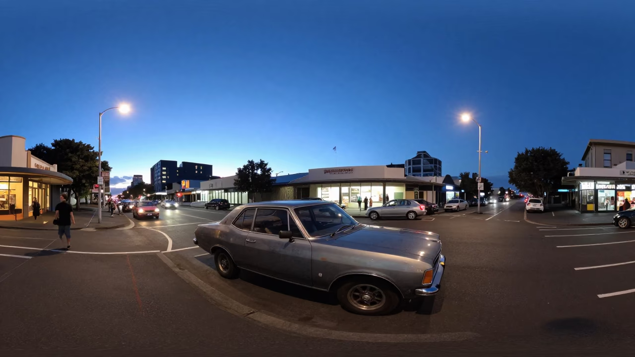 1970s Auckland Twilight Street Scene with Vintage Car and Urban Details in in Auckland, New Zealand
