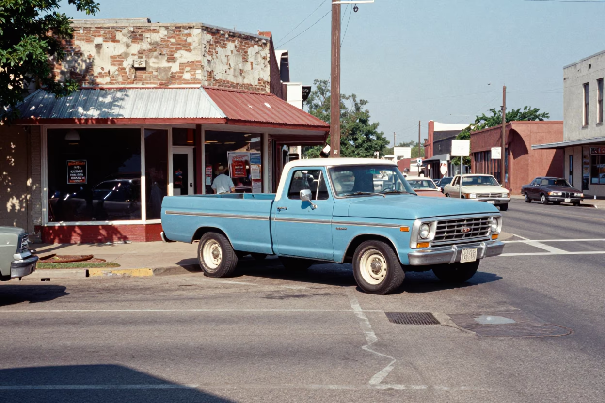 1970s Austin Texas Street Scene with Vintage Cars and Local Shop Signage in in Austin, Texas, United States