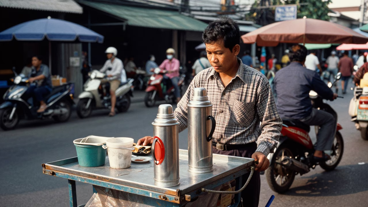 1970s Bangkok Street Scene with Vintage Thermos and Local Market Activity in in Bangkok, Thailand