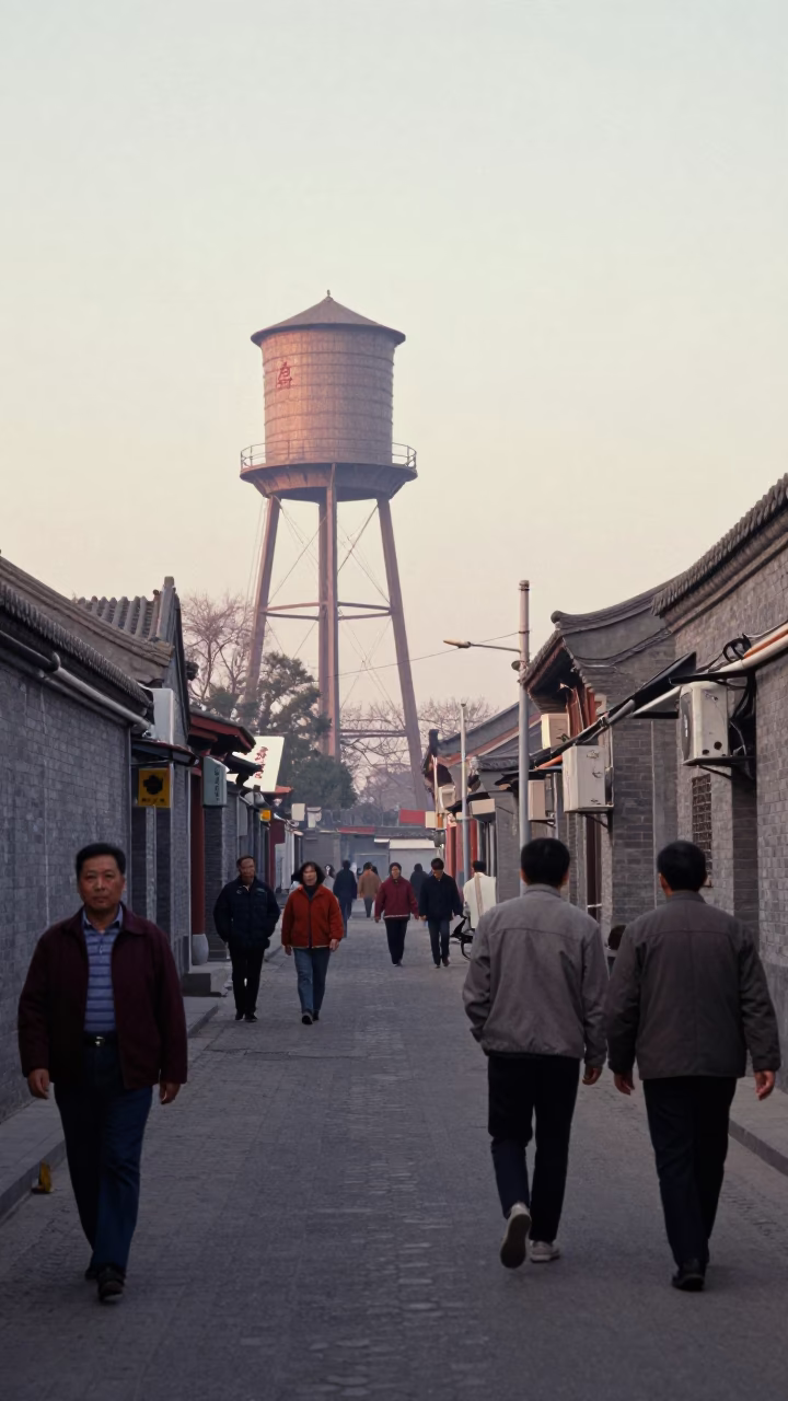 1970s Beijing Morning Street Scene with Water Tower and Early Commuters in in Beijing, China