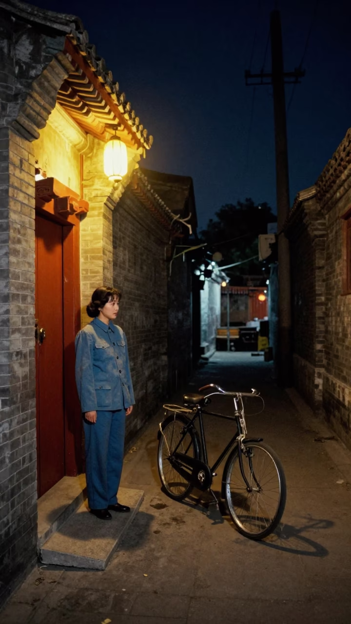 1970s Beijing Night Street Scene with Vintage Bicycle and Kitchen Utensils in Dim Alleyway in in Beijing, China