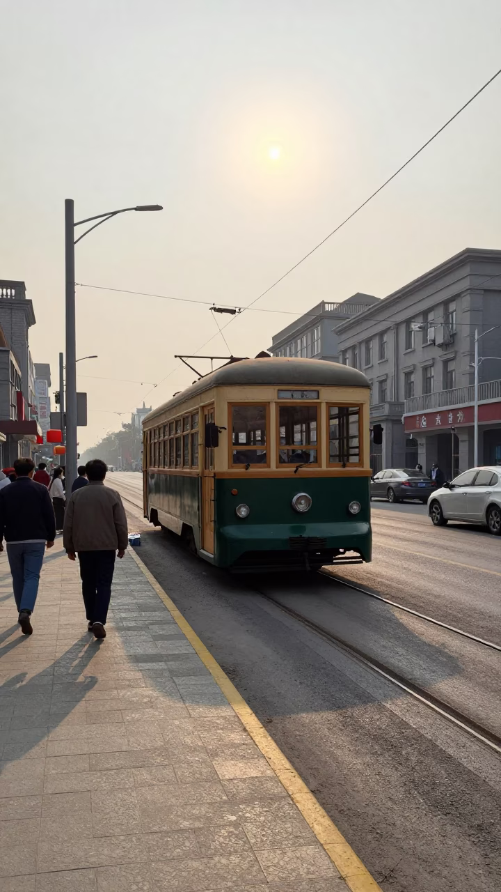 1970s Beijing Street Scene with Heritage Tram and Sun Hat in Late Morning Light in in Beijing, China
