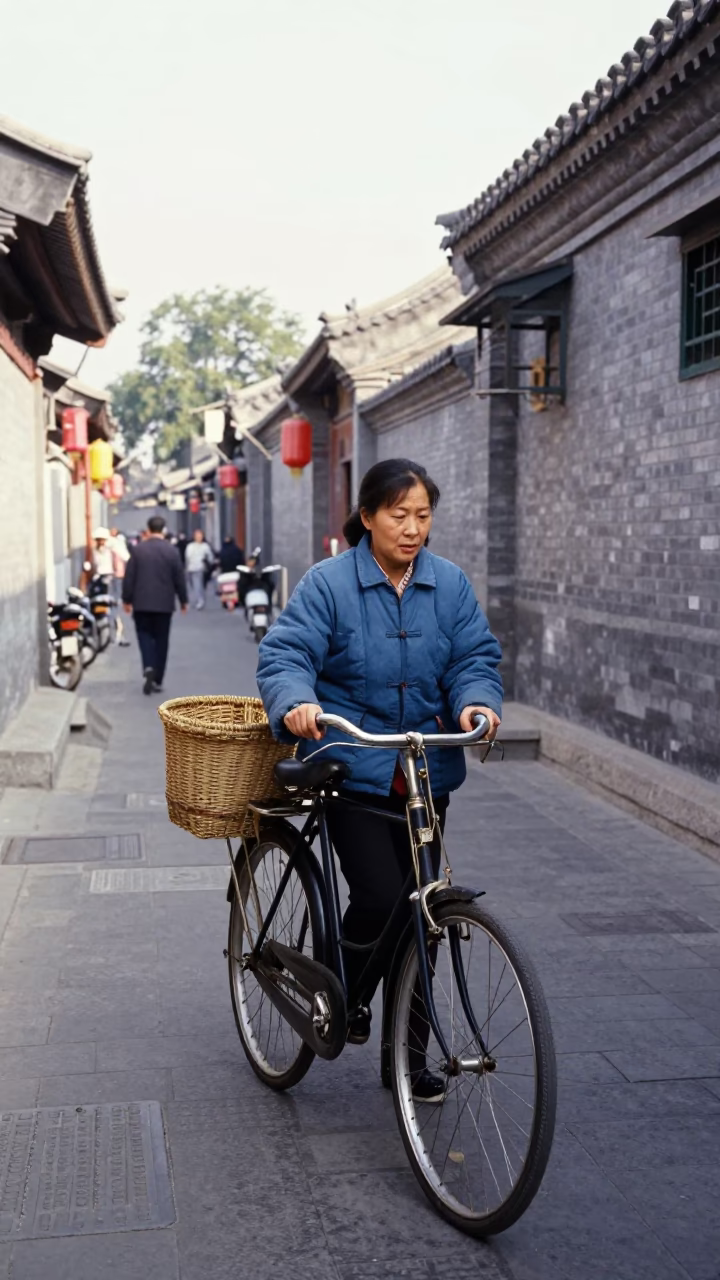 1970s Beijing Street Scene with Vintage Bicycle and Traditional Architecture in in Beijing, China