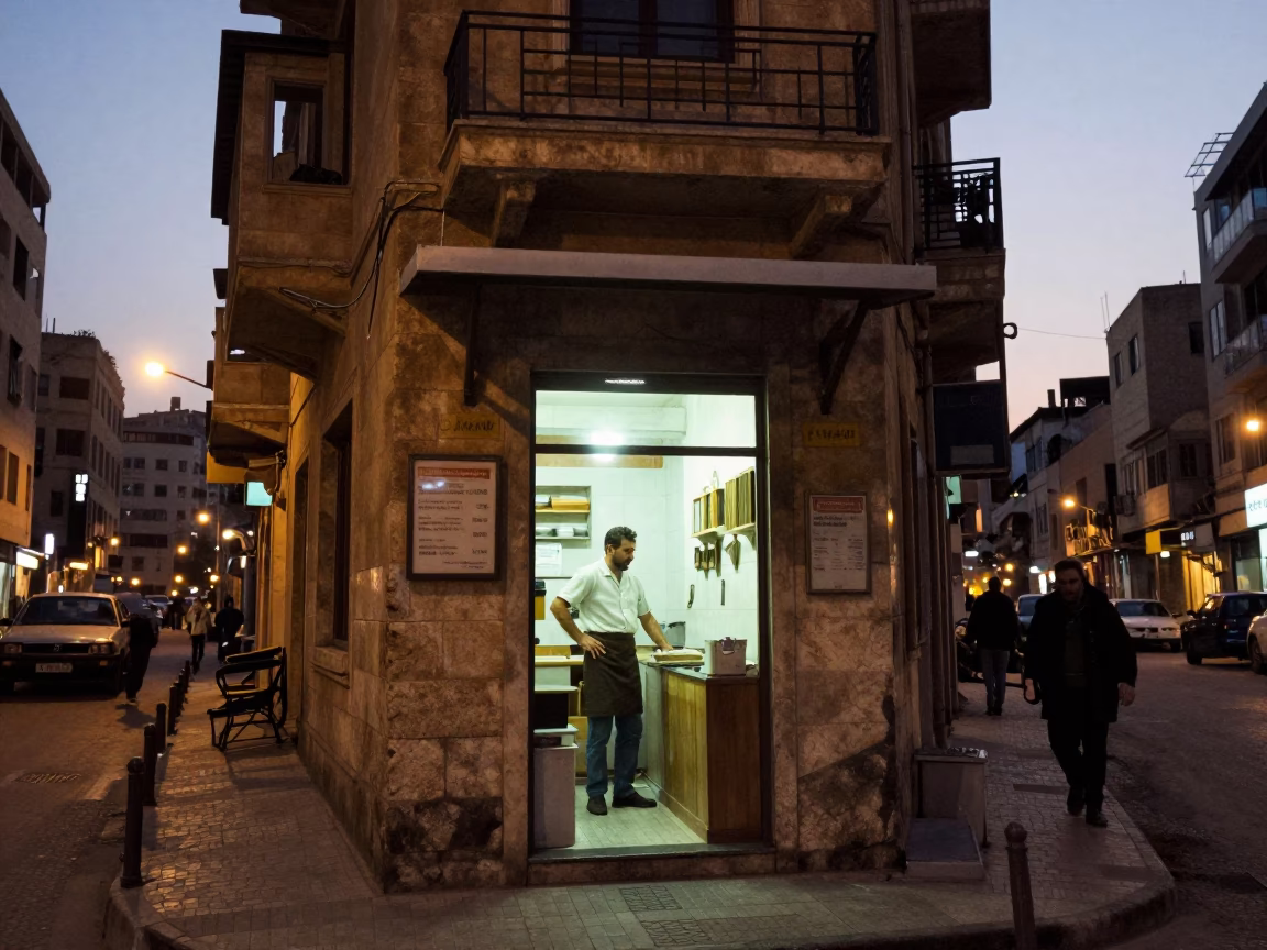 1970s Beirut Street Scene at Dusk with Night-Shift Baker and Flour Dust in in Beirut, Lebanon