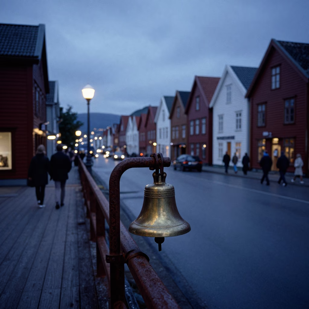 1970s Bergen Norway Twilight Street Scene with Bell and Industrial Details in in Bergen, Norway