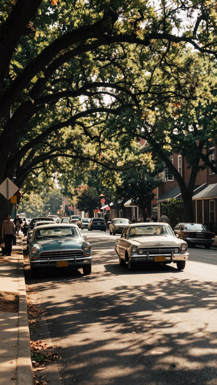 1970s Boston Street Scene Early Afternoon with Vintage Cars and Brick Buildings in in Boston, Massachusetts, United States