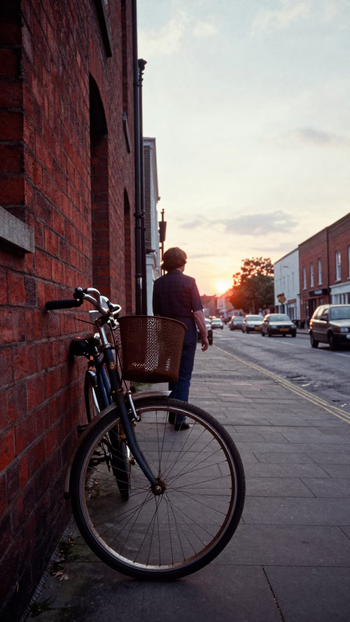 1970s Bristol Street Scene with Rusty Bicycle Rim and Striped Towel in in Bristol, United Kingdom
