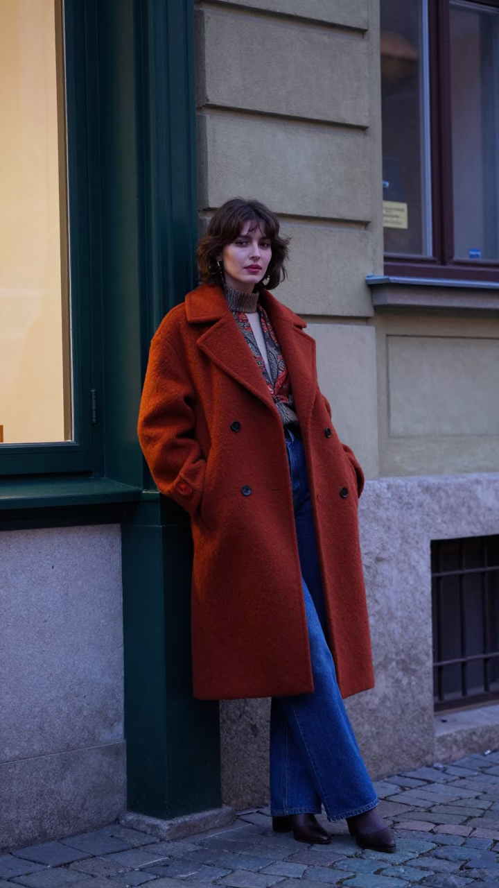 1970s Budapest Evening Street Fashion Model in Colorful Coat Near Historic Building Entrance in in Budapest, Hungary