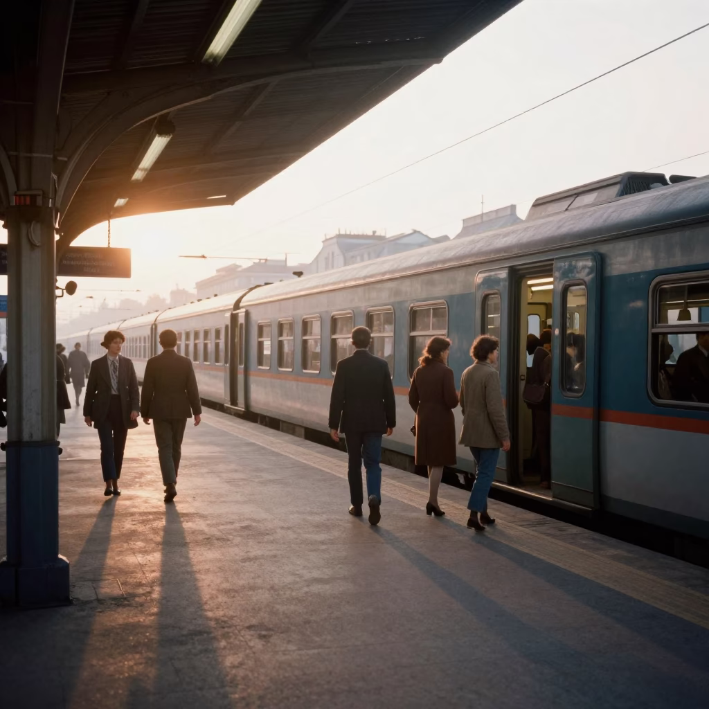 1970s Budapest Morning Commuter Train Platform at Sunrise in in Budapest, Hungary