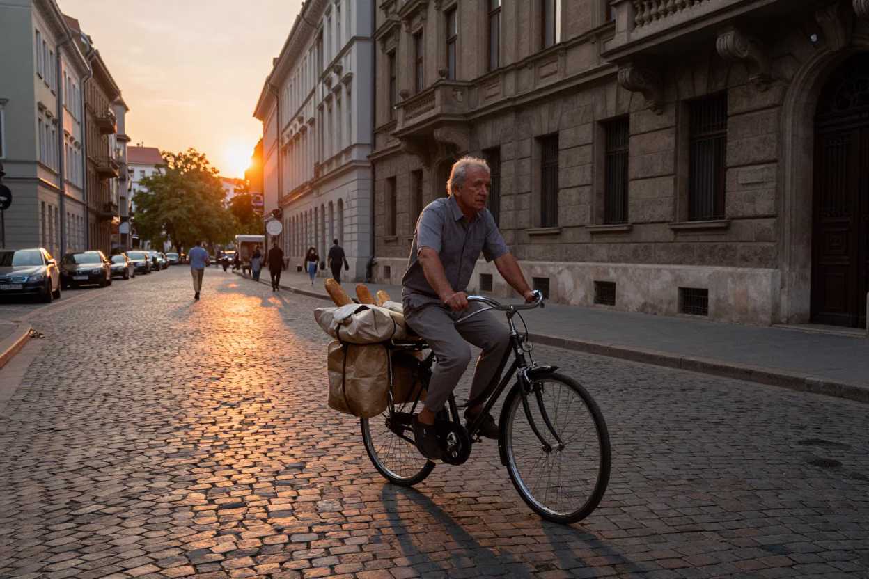 1970s Budapest Street Scene with Bicycle Laden with Baguettes at Sunset in in Budapest, Hungary