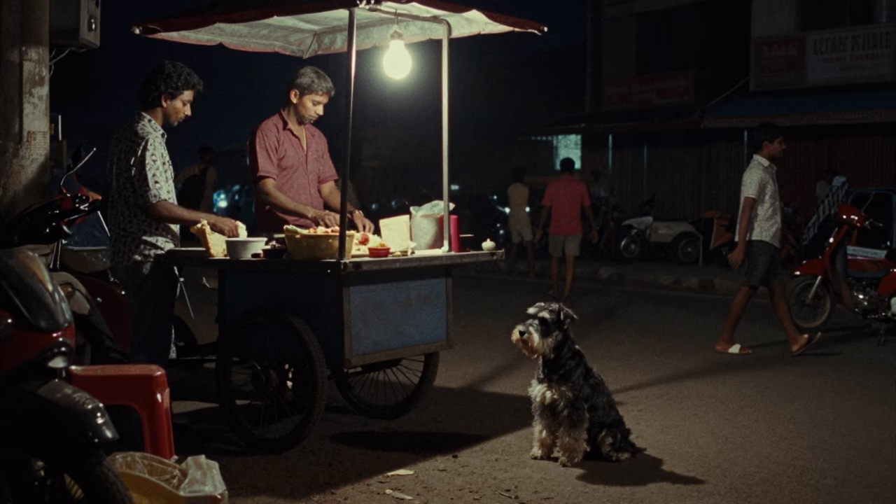 1970s Chennai Night Street Scene with Miniature Schnauzer and Street Vendor in in Chennai, India