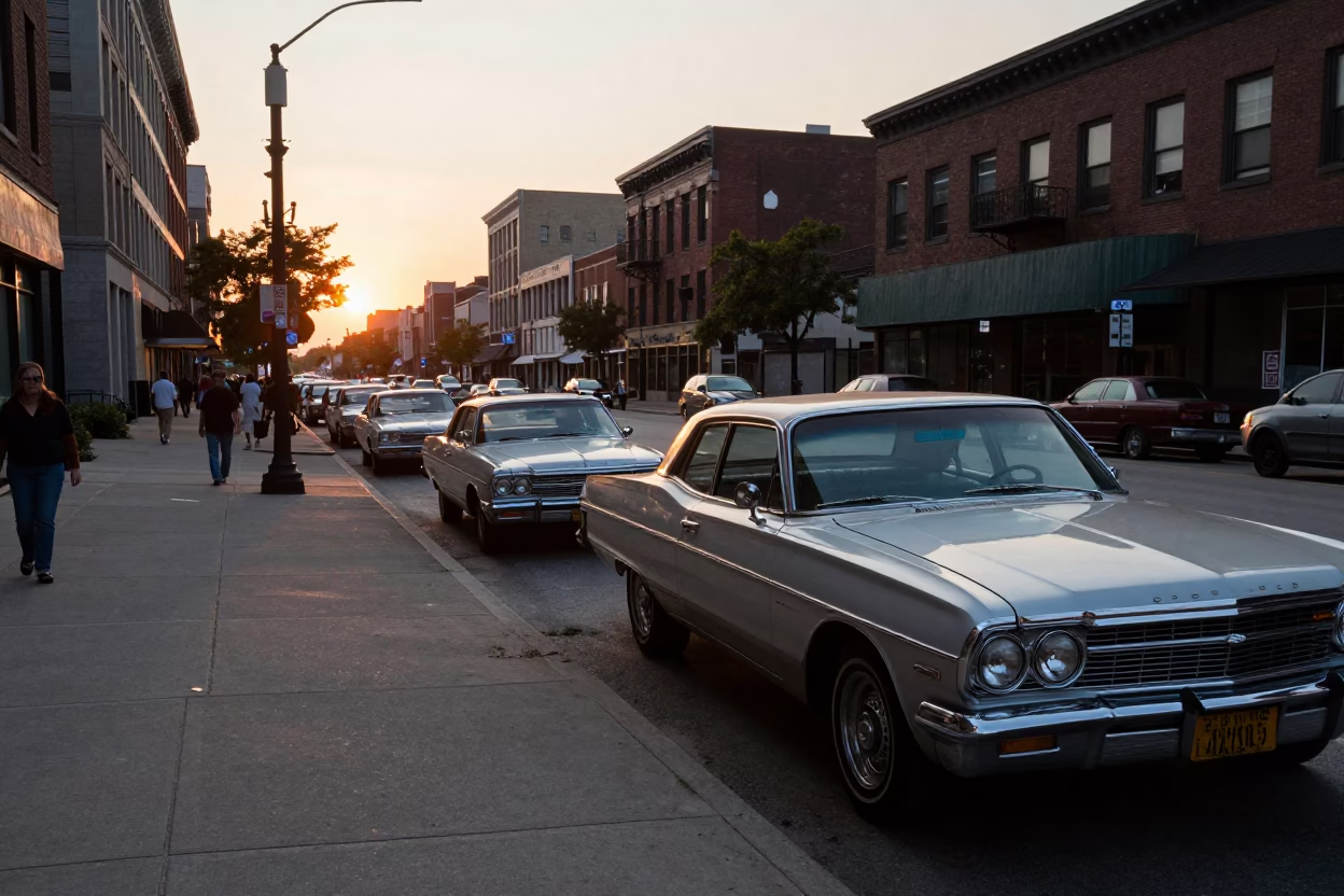 1970s Chicago Street Scene at Sunset with Vintage Cars and Pedestrians in in Chicago, Illinois, United States
