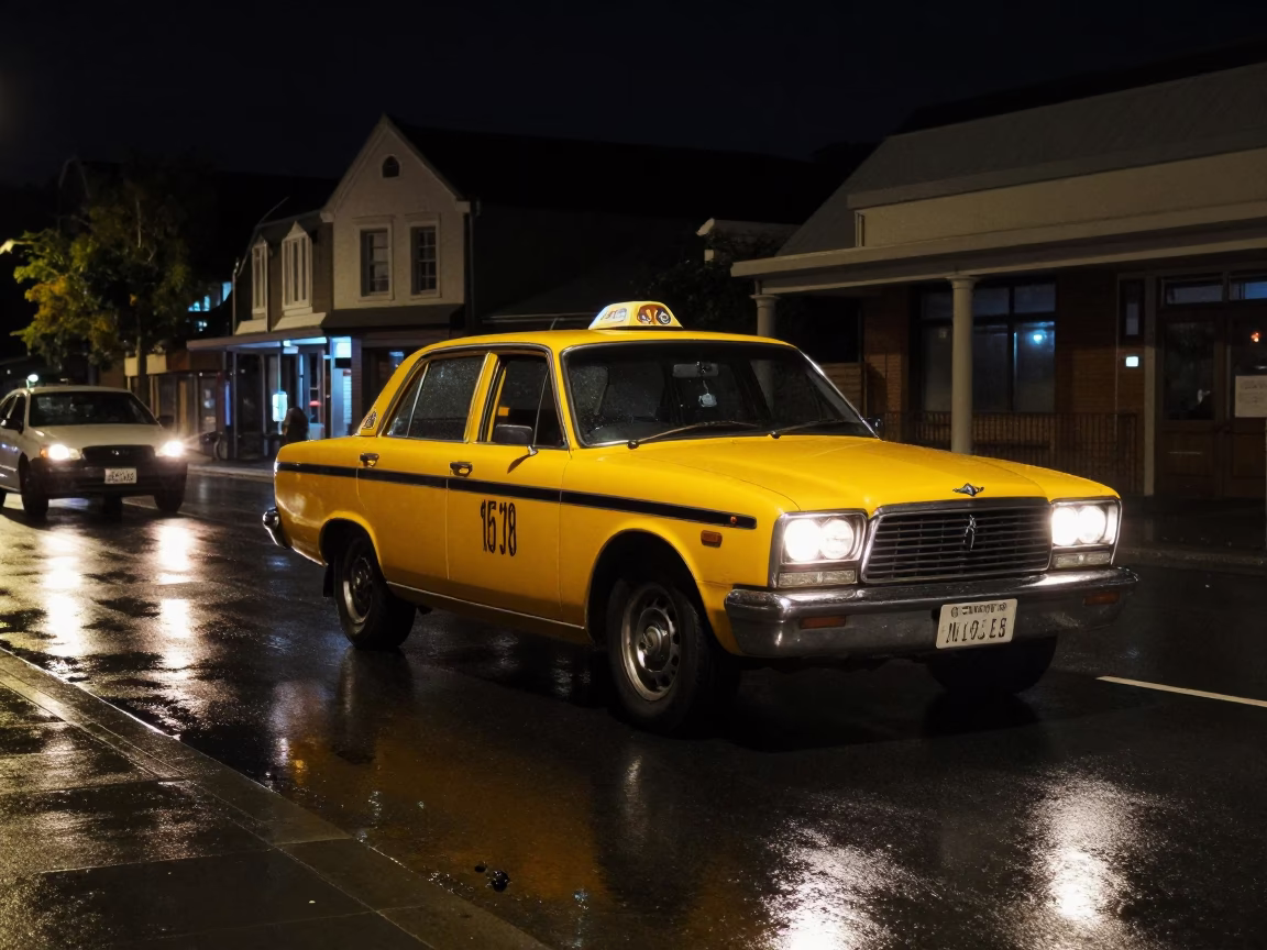 1970s Christchurch New Zealand Night Street Scene with Yellow Taxi and Brushed Steel Details in in Christchurch, New Zealand