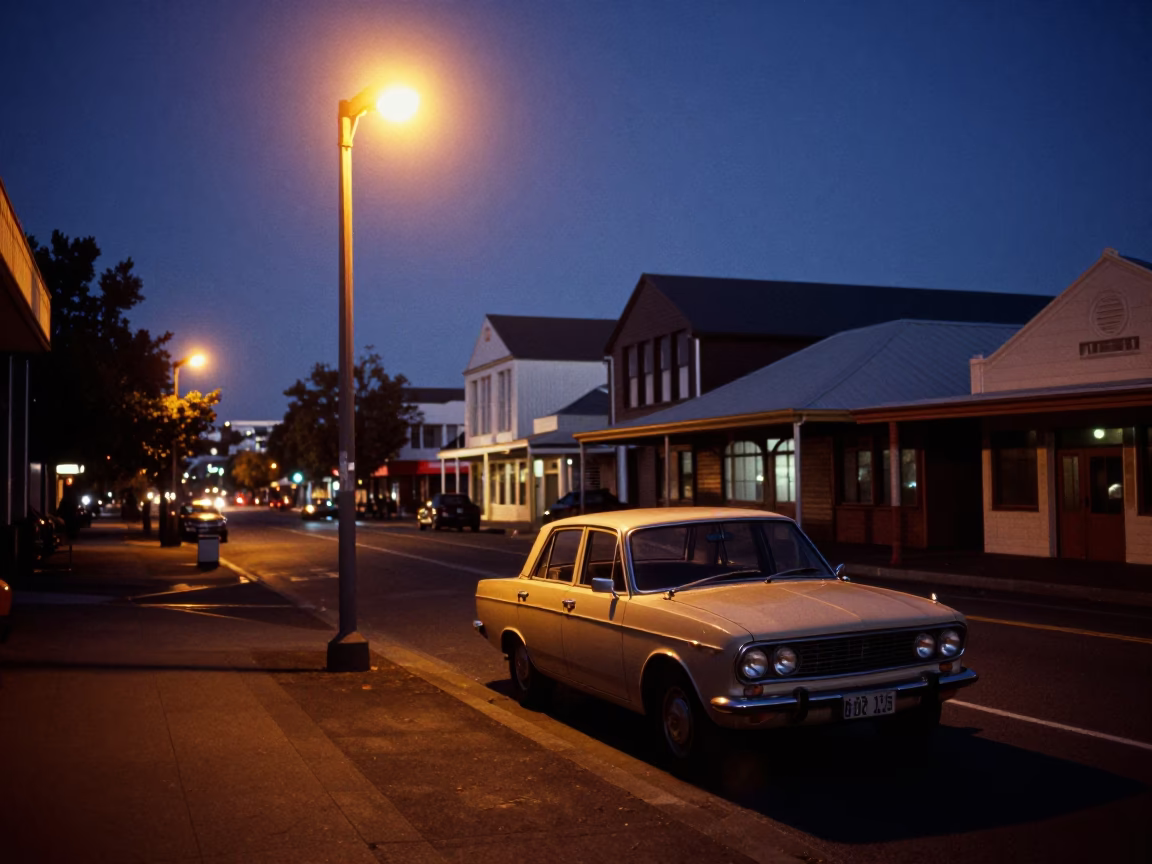 1970s Christchurch Predawn Street Scene with Vintage Car and Streetlamp in in Christchurch, New Zealand