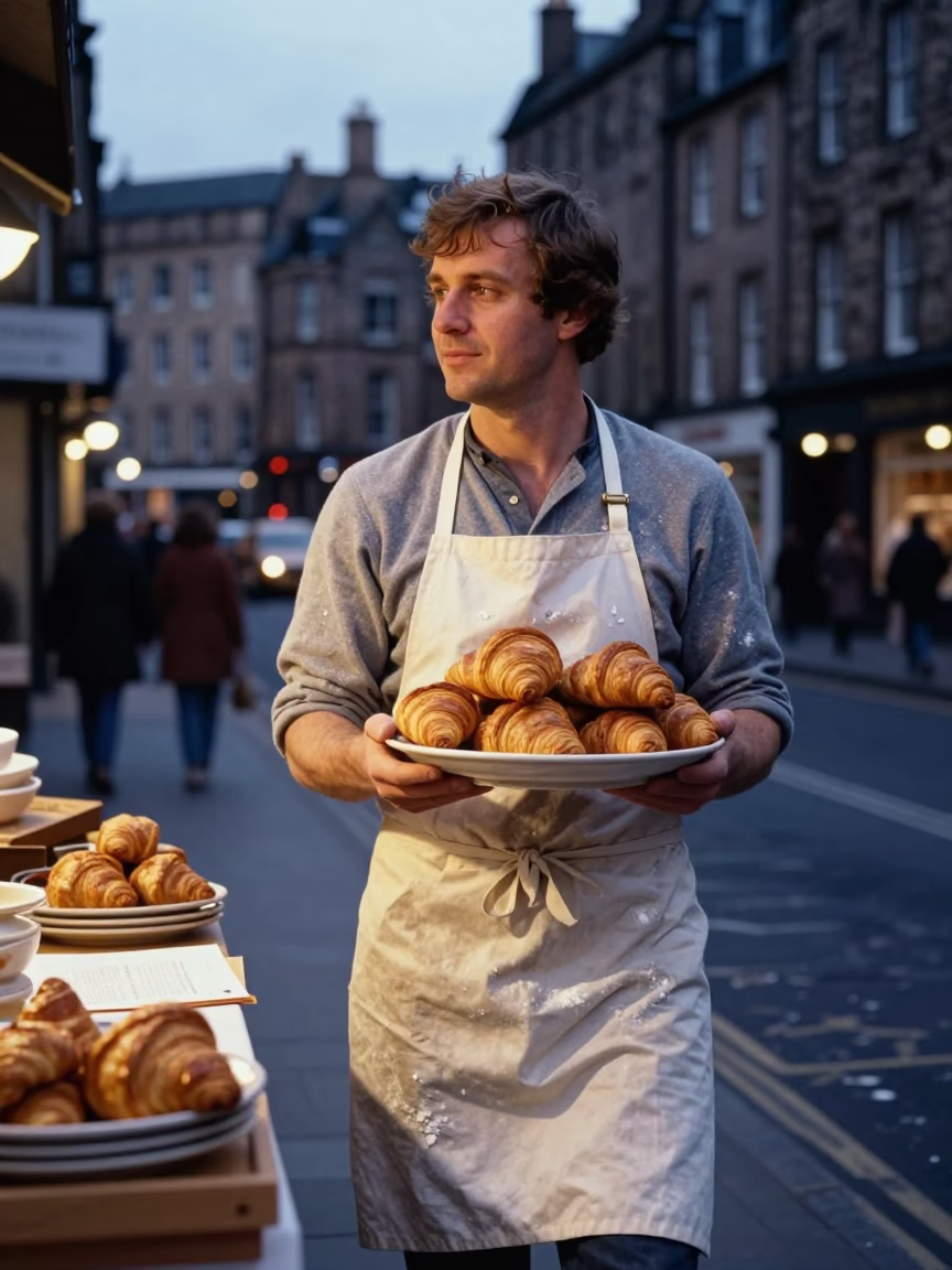 1970s Edinburgh Evening Street Scene with Apron and Croissants in in Edinburgh, United Kingdom