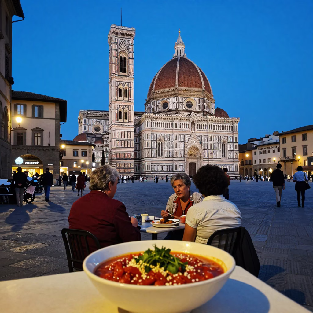 1970s Florence Evening Street Scene with Ribollita Bowl and Tuscan Bread in in Florence, Italy