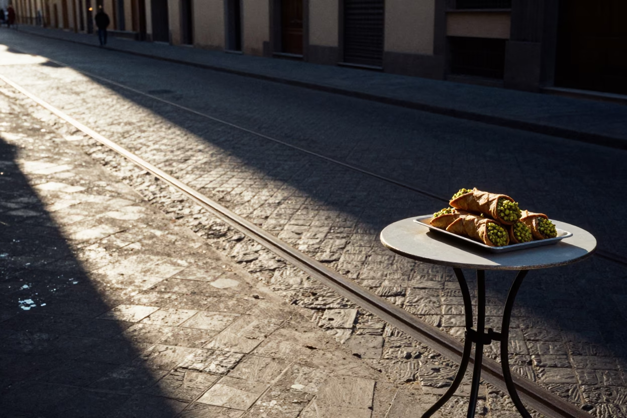 1970s Florence Late Afternoon Sunlight Striking Rail and Street Scene with Cannoli in in Florence, Italy