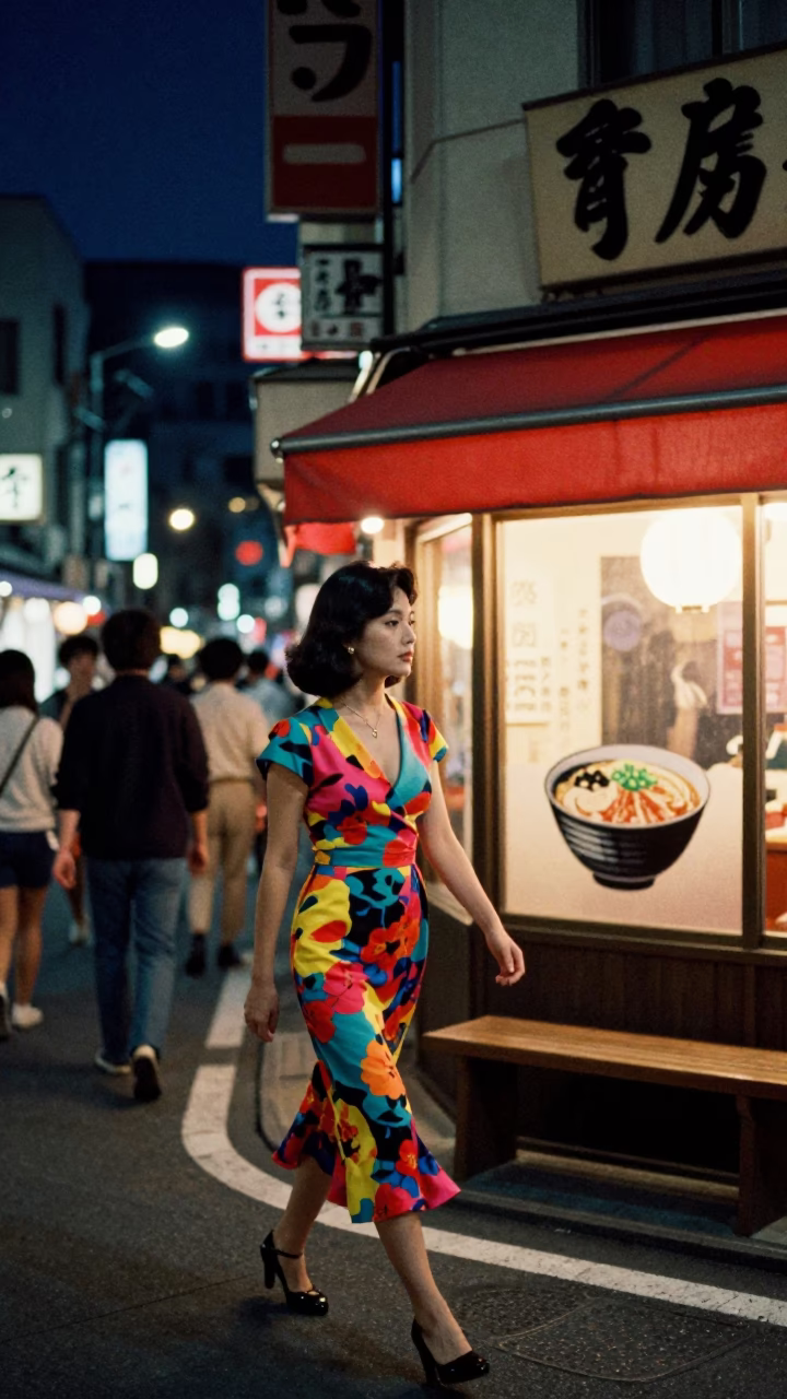 1970s Fukuoka Night Street Scene with Colorful Fashion and Local Ambiance in in Fukuoka, Japan