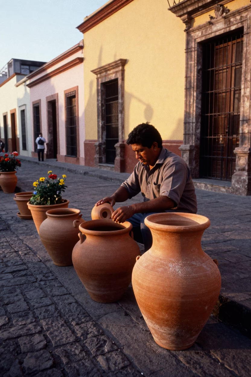 1970s Guadalajara Mexico street scene with clay pots and flowerpots in evening light in in Guadalajara, Mexico