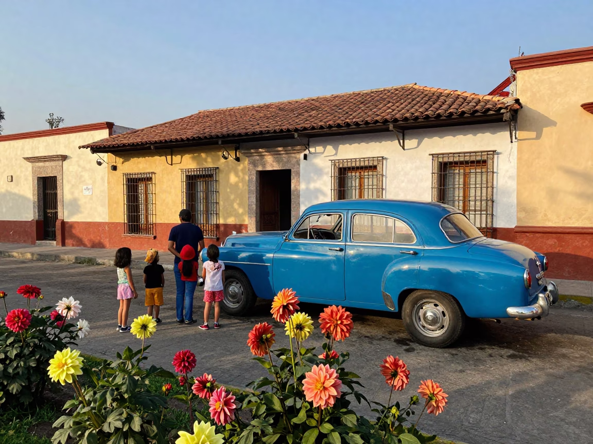 1970s Guadalajara street scene with family and dahlia garden in in Guadalajara, Mexico