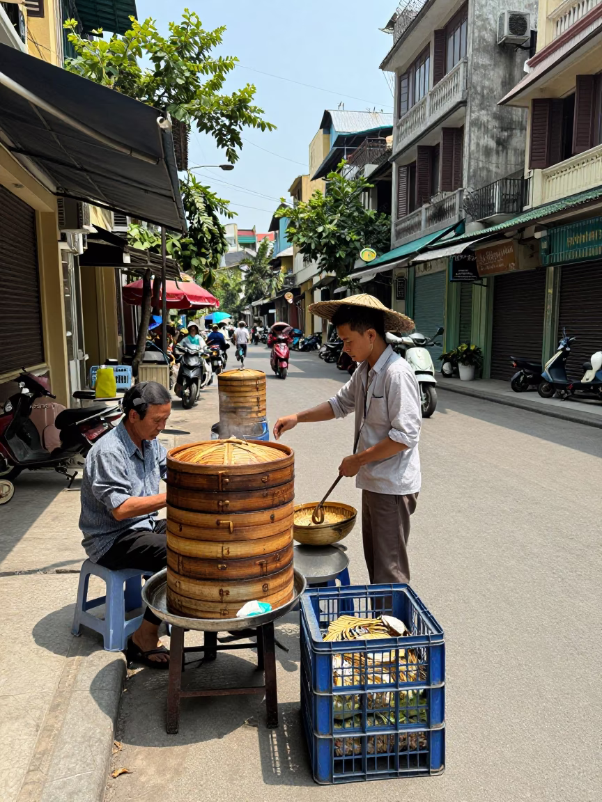 1970s Hanoi Street Scene with Bamboo Steamer and Crate under Noon Sun in in Hanoi, Vietnam