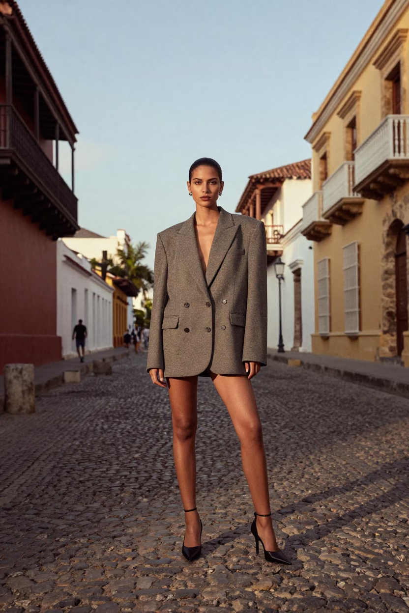 1970s High Fashion Portrait of Model in Cartagena Colombia Late Afternoon Cobblestone Street in in Cartagena, Colombia