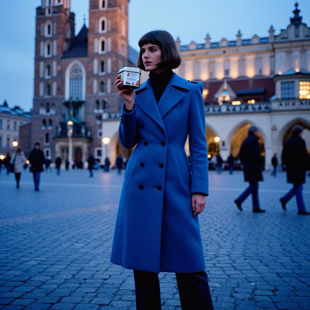 1970s High Fashion Street Photography in Krakow Poland Evening Blue Light in in Krakow, Poland