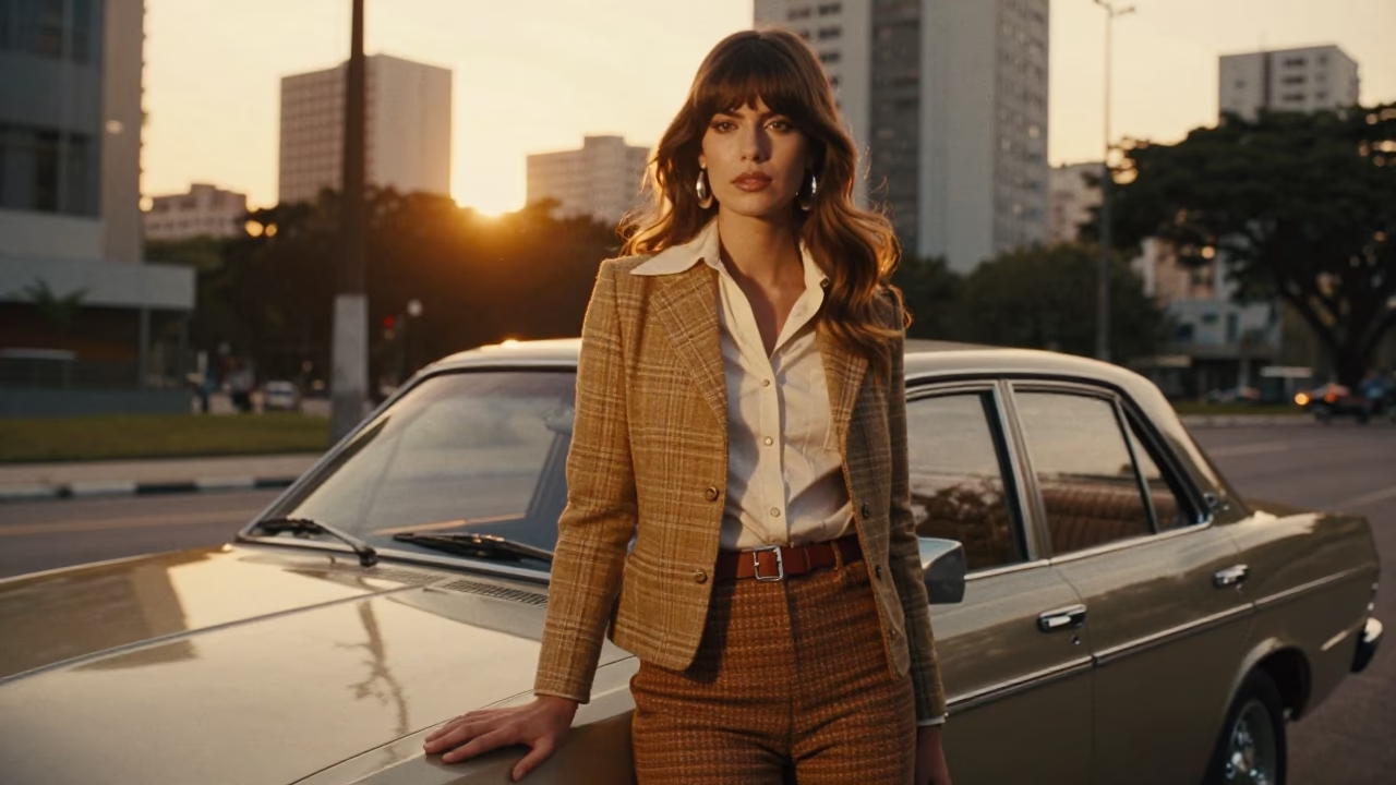 1970s High Fashion Street Style Portrait in São Paulo Brazil Sunset in in São Paulo, Brazil