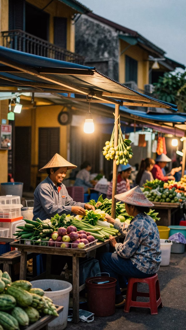 1970s Hoi An Vietnam Evening Street Scene with Local Vendor and Vintage Details in in Hoi An, Vietnam