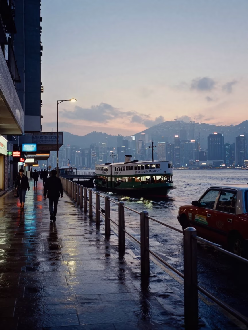 1970s Hong Kong Pre-Dawn Street Scene with Chain Ferry and Rain in in Hong Kong, Hong Kong