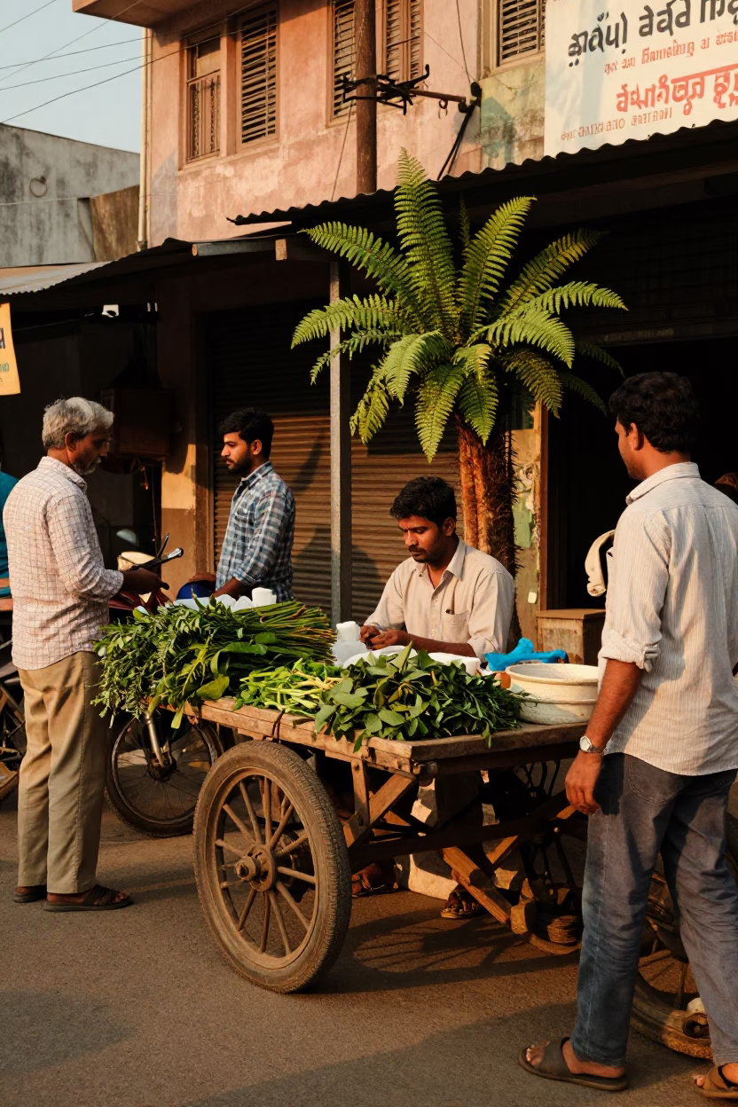 1970s Hyderabad Street Scene with Ferns and Vintage Details in in Hyderabad, India