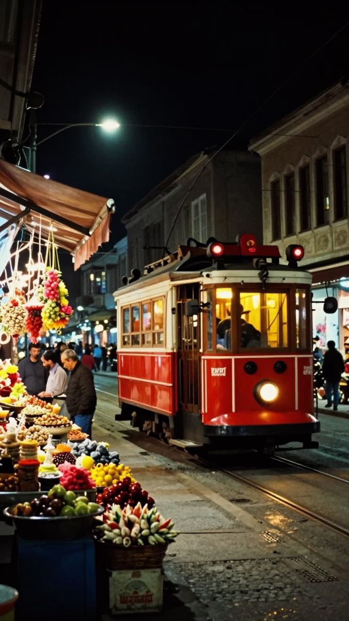 1970s Izmir Night Street Scene with Tram and Spices in in Izmir, Turkey
