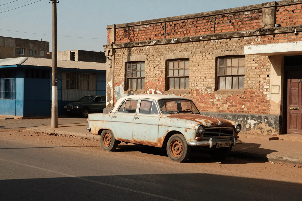 1970s Johannesburg Street Scene with Vintage Car and Local Shopfront in in Johannesburg, South Africa