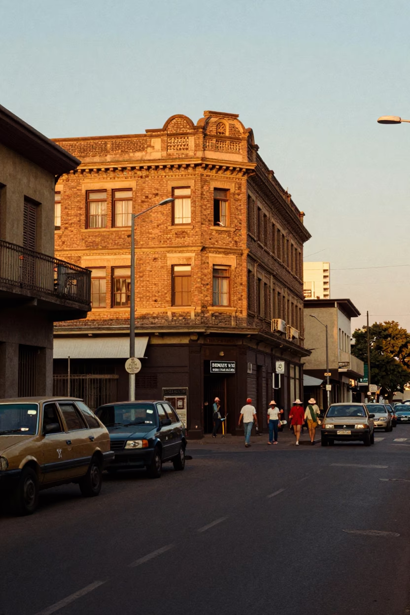1970s Johannesburg Sunset Street Scene with Vintage Sun Hats and Urban Life in in Johannesburg, South Africa