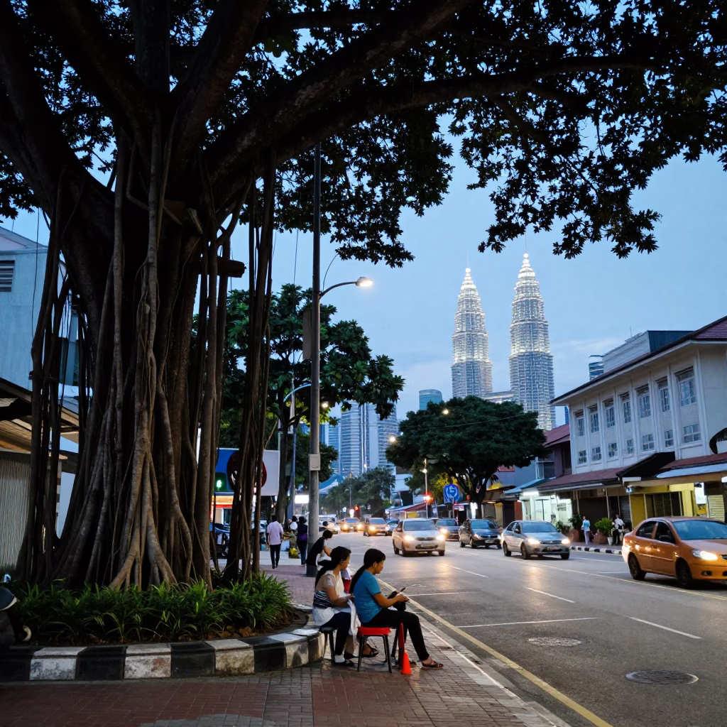 1970s Kuala Lumpur Evening Street Scene with Banyan Tree and Lanterns in in Kuala Lumpur, Malaysia