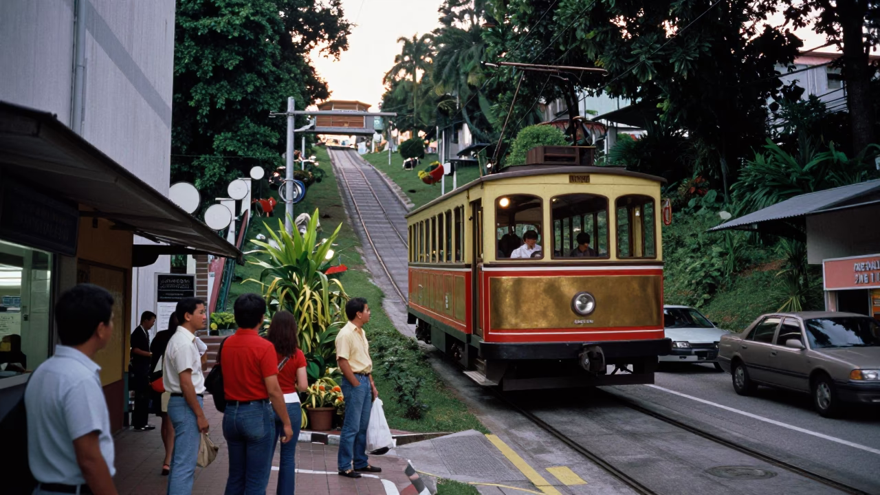 1970s Kuala Lumpur Street Scene with Funicular Hill and Brass Tabletop in in Kuala Lumpur, Malaysia