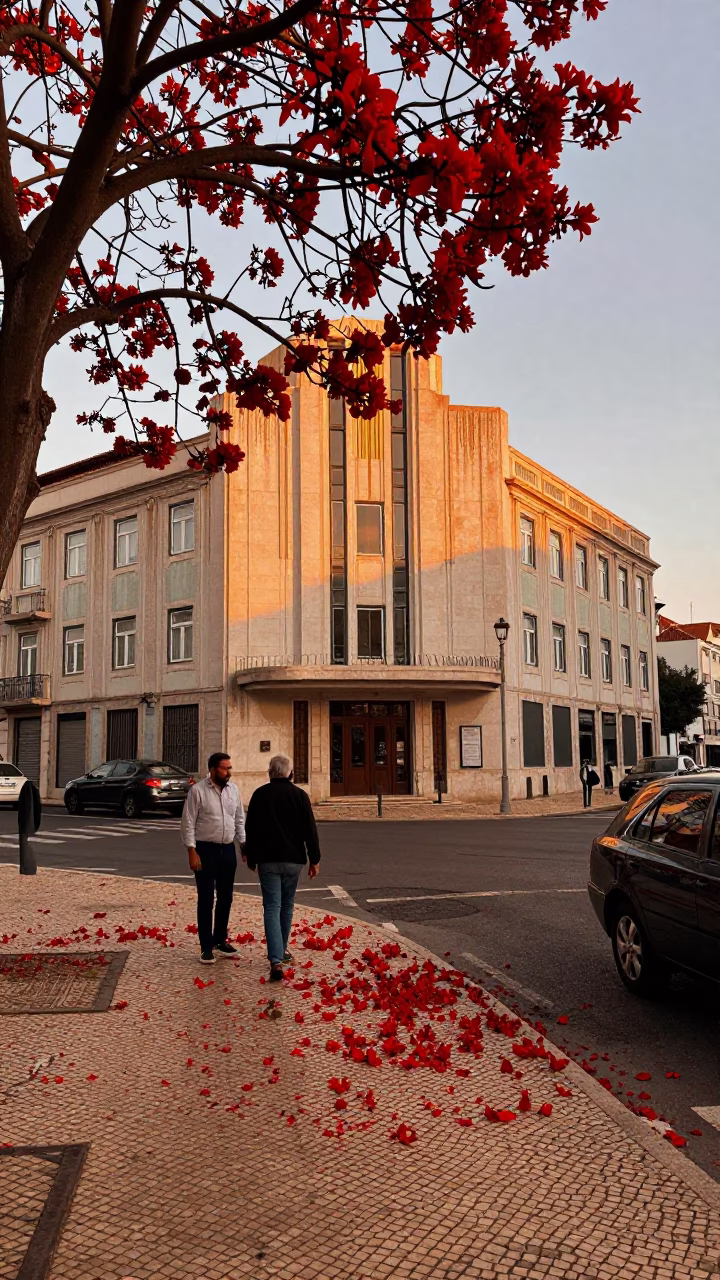 1970s Lisbon Evening Street Scene with Art Deco Facade and Flame Tree Bloom in in Lisbon, Portugal