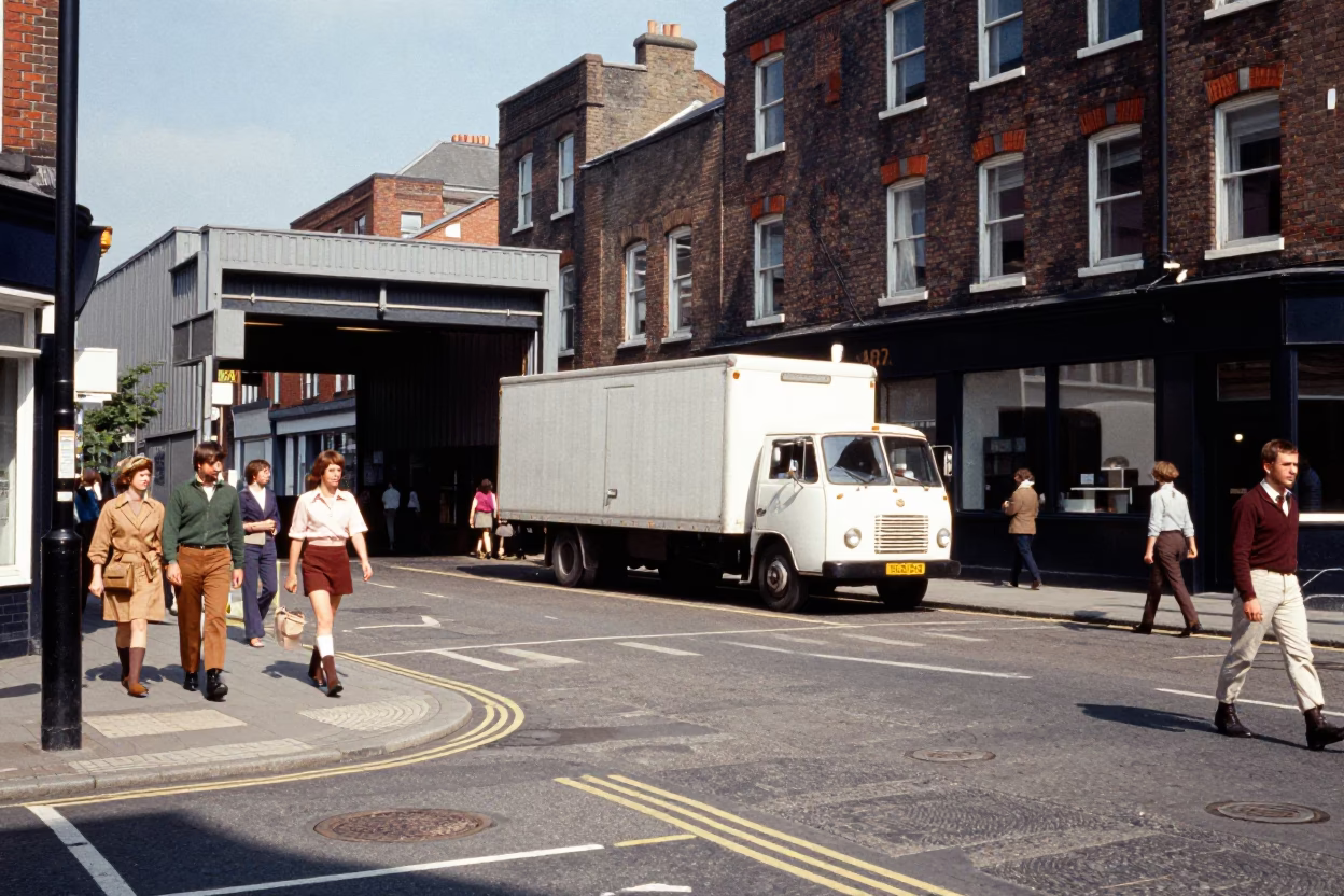 1970s Liverpool Street Scene with Vintage Semi-Trailer and Urban Life in in Liverpool, United Kingdom