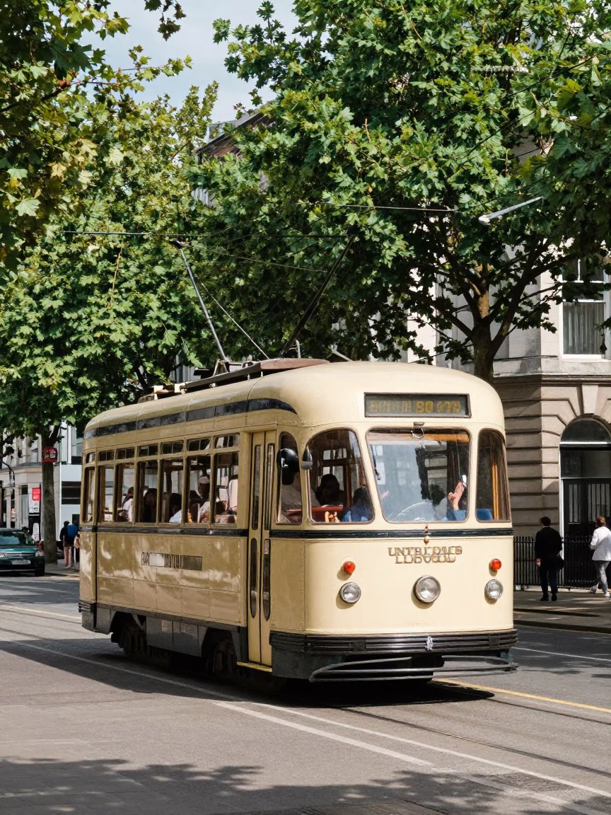 1970s Liverpool Street Scene with Vintage Tramcar on Tree-Lined Boulevard at Midday in in Liverpool, United Kingdom