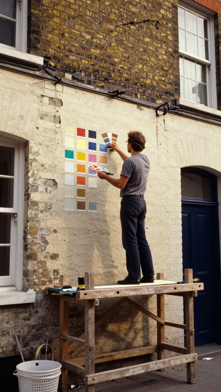1970s London street scene with muralist painting sample swatches from scaffold platform in in London, United Kingdom