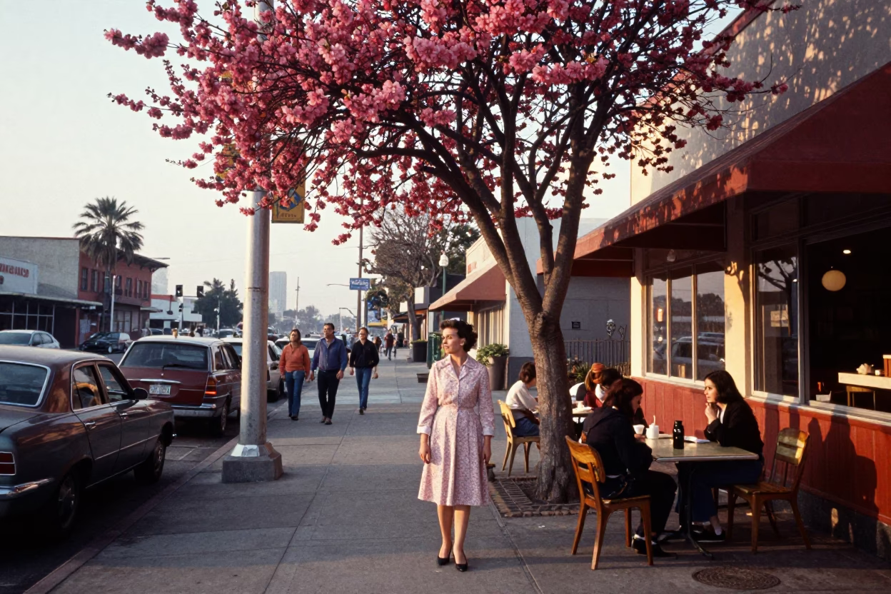 1970s Los Angeles Morning Street Scene with Dogwood Tree and Apricots in in Los Angeles, California, United States