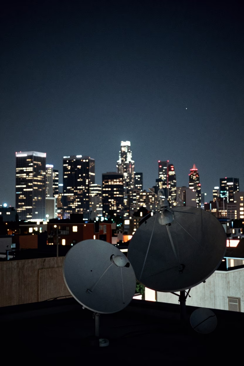 1970s Los Angeles Night Sky Over Downtown Rooftops and Antenna Arrays in in Los Angeles, California, United States