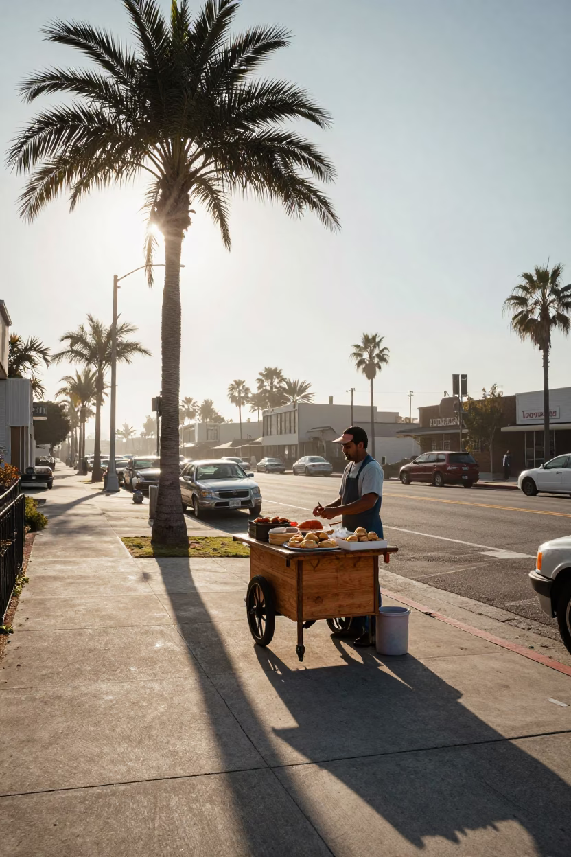 1970s Los Angeles Street Scene Morning Light with Pastries and Tea Stains in in Los Angeles, California, United States