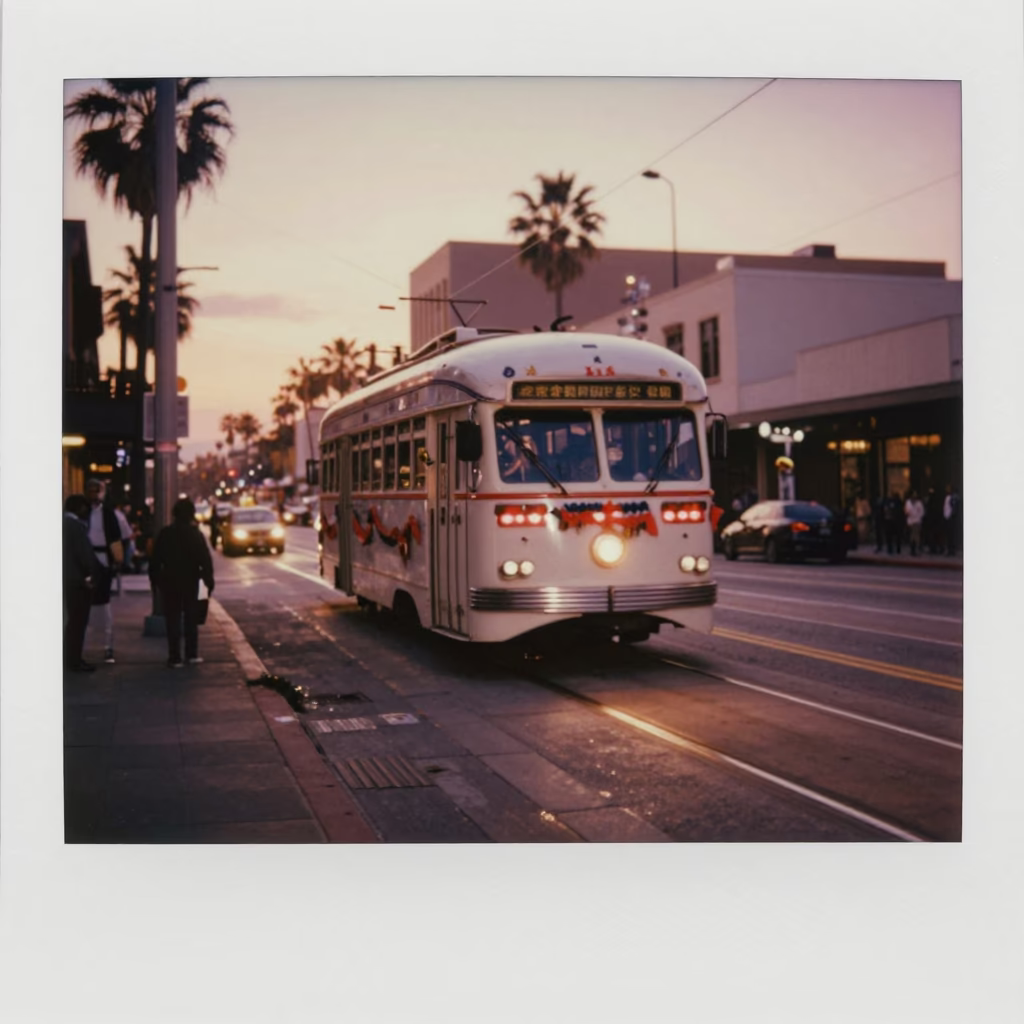 1970s Los Angeles street scene with tramcar and copper dusk light in in Los Angeles, California, United States