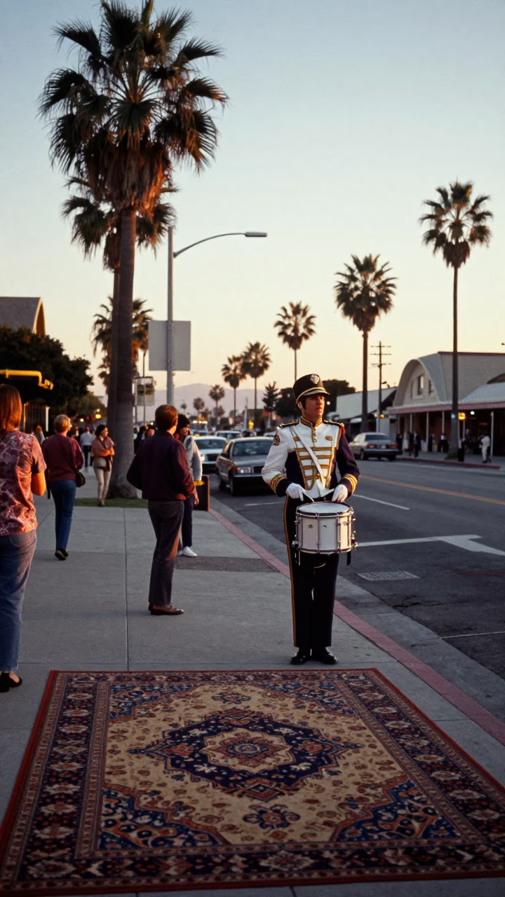 1970s Los Angeles Sunset Street Scene with Patterned Rug and Drum Major in in Los Angeles, California, United States