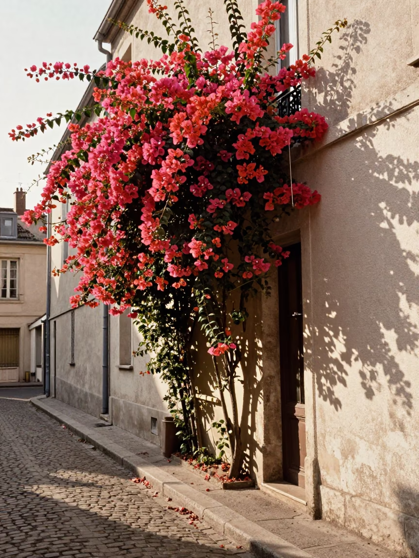 1970s Lyon France Street Scene with Bougainvillea and Window Light on Doorframe in in Lyon, France