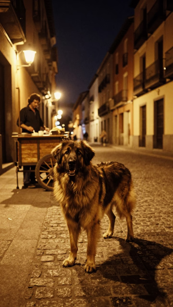 1970s Madrid Night Scene With Leonberger Dog And Street Vendor in in Madrid, Spain